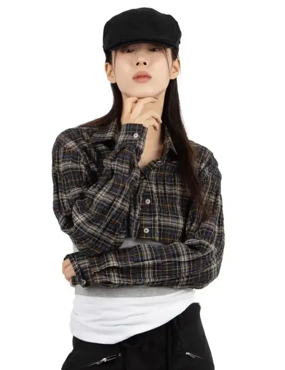 릿킴 cropped check shirt 크롭 체크 셔츠 [navy]